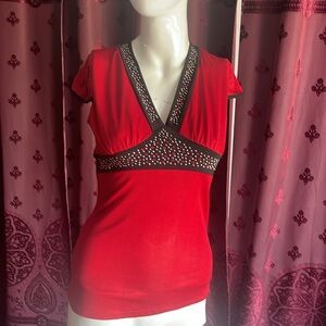 Vintage Y2K Red & Black Rhinestone Keyhole Back Shirt Sleeve Dance Top Large